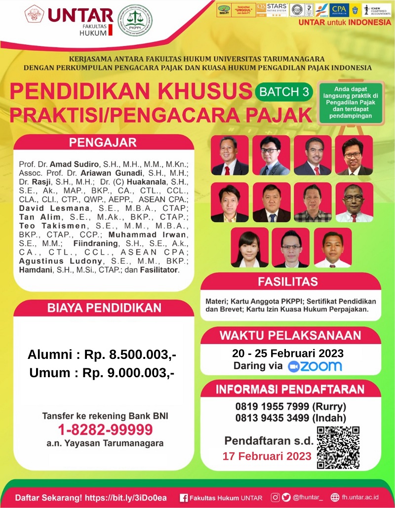 DIKLAT ONLINE UNTAR – PKPPI (Pendidikan Khusus Praktisi/Pengacara Pajak) Batch 3